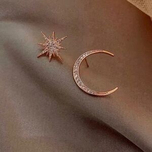 18k Rose gold Boho Mismatched Moon & Star Earrings